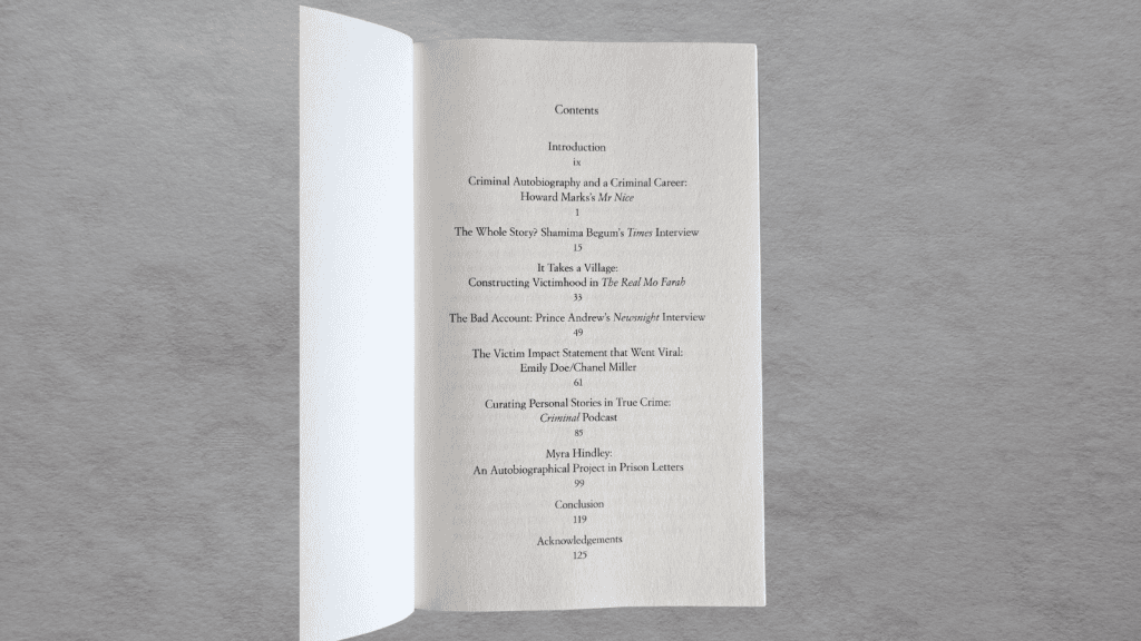 The contents page of What We Talk About When We Talk About Crime by Jennifer Fleetwood on a grey background